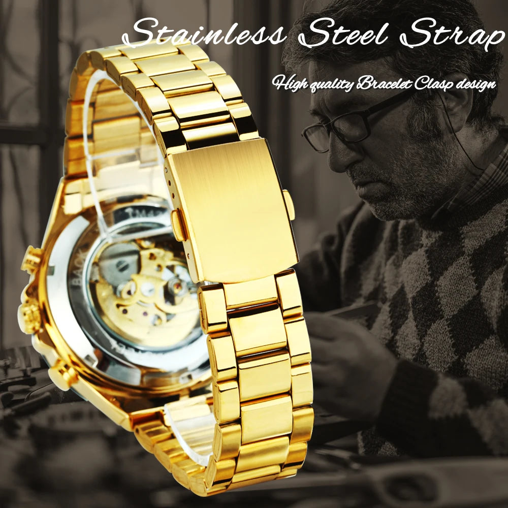 WINNER Gold Transparent Skeleton Automatic Watch for Men Luminous Pointers Luxury Brand Stainless Steel Strap Mechanical Watches