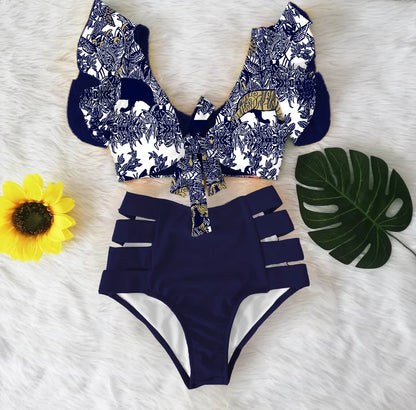High Waist Ruffled Sexy Bikini Set 2025 Flounce Biquini Swimwear Women Two Pieces Swimsuit Floral Beachwear V-Neck Bathing Suit