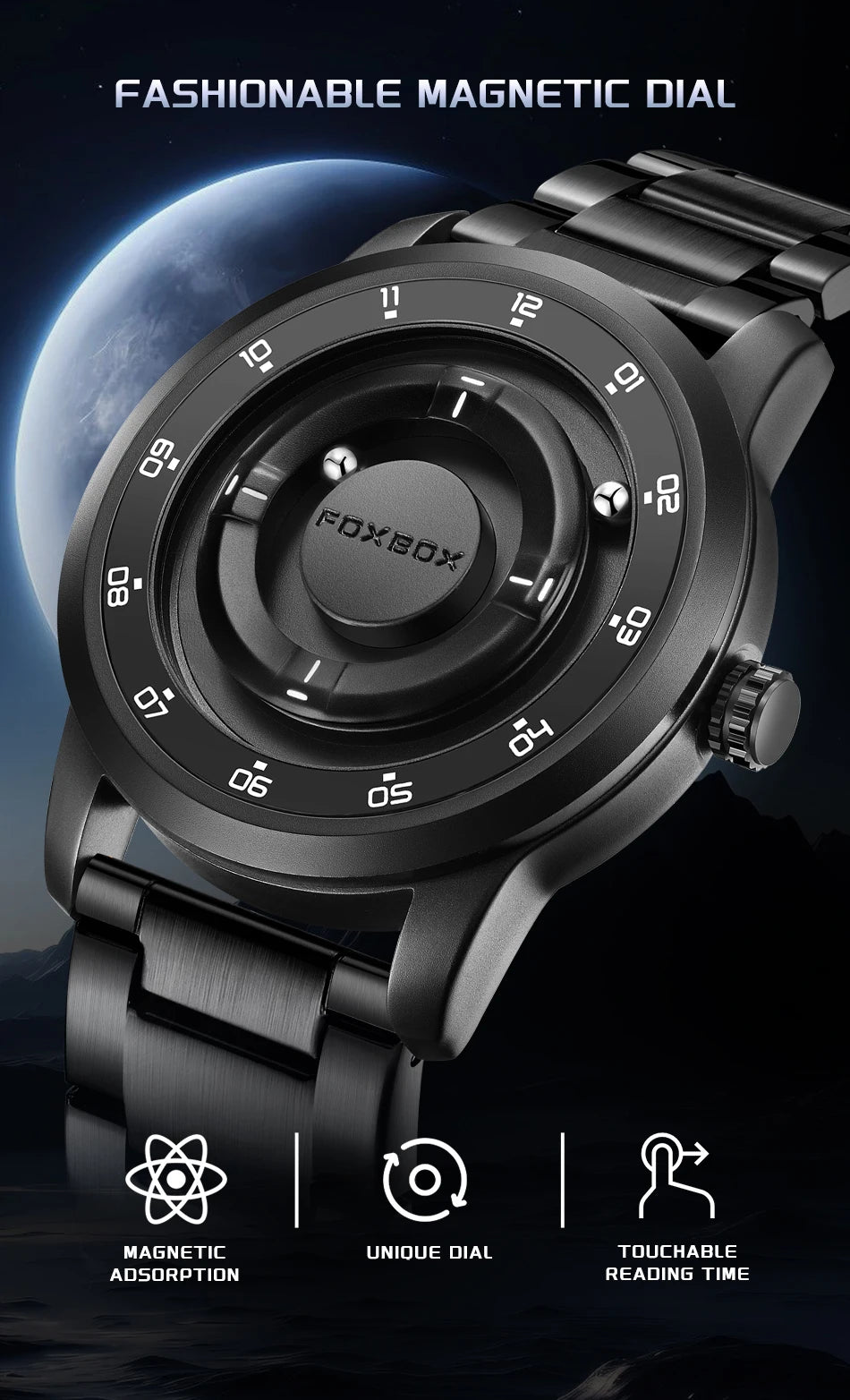 FOXBOX Personalized Mens Watches Creative Simple Floating Magnetic Pointer Quartz Wristwatch Steel Waterproof Watch for Man