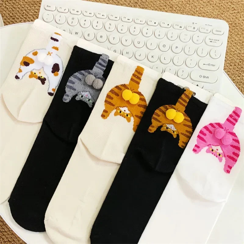 Cartoon Cat Egg Couple Socks Cozy Mid-Calf for Maternity Warm Winter Cute Present for Christmas Cat Lovers Family