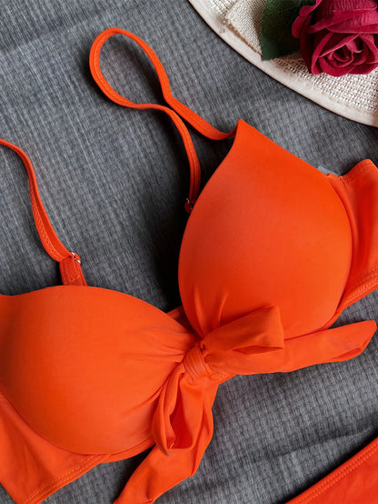 sexy front bow knot push up bikinis two pieces solid swimsuit tie bikini swimsuit Swimwear Biquini conjunto de bikini tankini