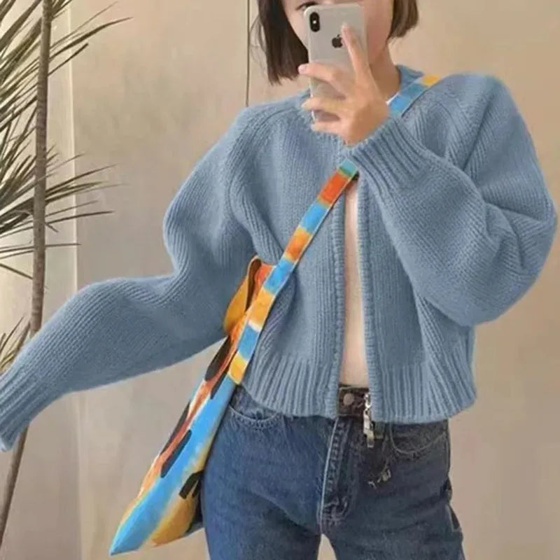 Korean Women Knitted Sweater Autumn Winter Chic Loose Long Sleeve Cardigan Tops Simple Solid Color Sweater Jacket