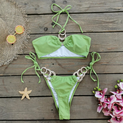 Brazilian Bikini Swimsuit for Women, Ring Linked Halter, Swimwear, Beachwear, 2025