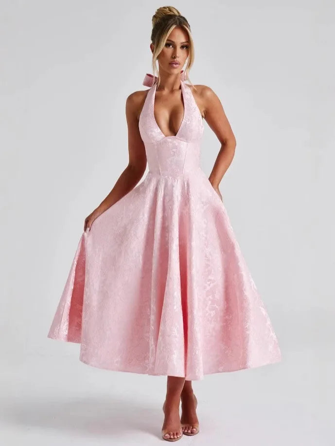 Solid Backless Lace Up A-line Dress Women Sleeveless Deep V-neck High Waist Pleated Midi Dresses Lady Evening Party Robes 2026