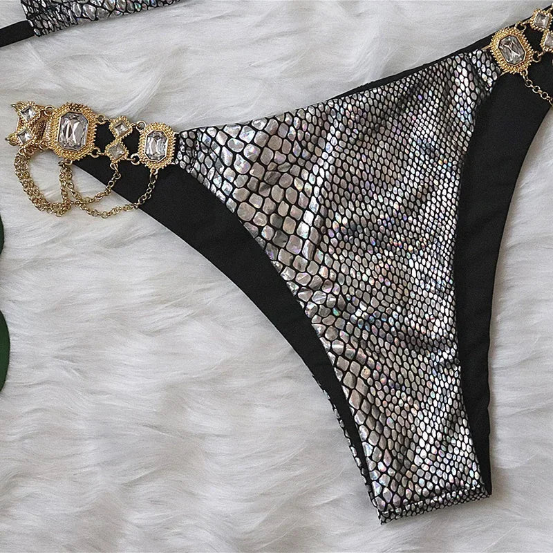 2026 Shiny Rhinestone Diamond Bikini Women Swimsuit Female Swimwear Two Pieces Bikini Set Halter Metal Chains Bathing Suit Swim