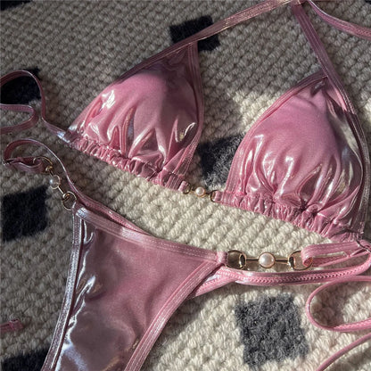 New PU Faux Leather Halter Mini Thong Bikini Female Swimsuit Women Swimwear Two-pieces Bikini set Bather Bathing Suit Swim V5206