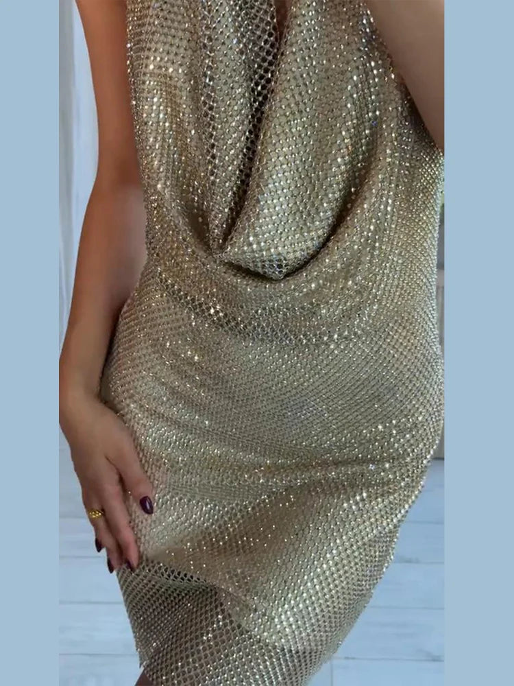 Rhinestone Halter Short Dress Women Sexy Sleeveless Backless Waist Cinching Hip Package Bodycon Party Evening Dresses Streetwear