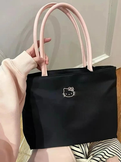 Fashionable womens HelloKitty black tote bag cute cartoon embroidery large capacity shopping bag fashionable womens shoulder bag
