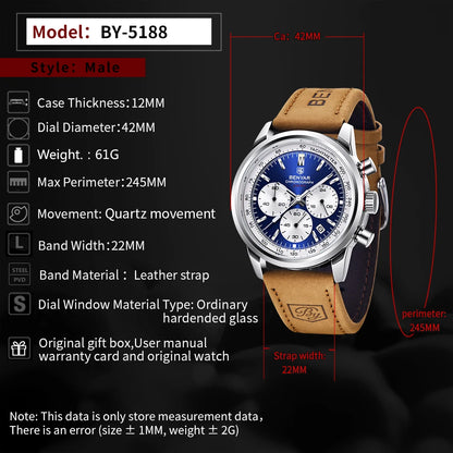 BENYAR 5188 New Quartz Watches for Men Top Brand 42MM Military Watch Luxury Chronograph 30M Waterproof Male Clock Reloj Hombre