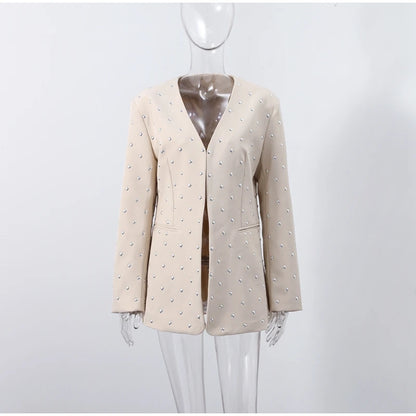 Rivet Fashion V-neck Balzer Coat Women Shoulder Pads Loose Fake Pocket Long Sleeve Jacket 2025 Spring Street Party Commute Tops