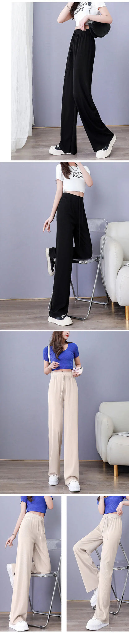Women Pants Spring Summer Ice Silk Wide Leg Pants 2025 High Waist Loose Straight Casual Pant Female Outdoor Black Trousers