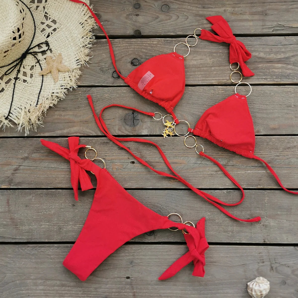 Brazilian Bikini Swimsuit for Women, Ring Linked Halter, Swimwear, Beachwear, 2025