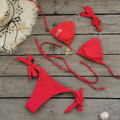 Brazilian Bikini Swimsuit for Women, Ring Linked Halter, Swimwear, Beachwear, 2025