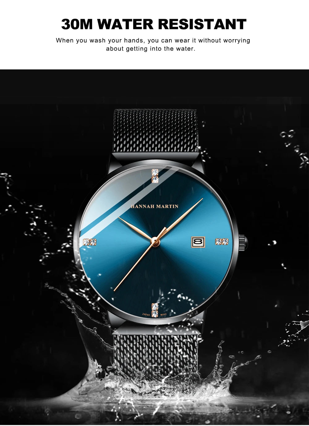 Japanese Original Quartz Movement Watch Luxury Rhinestone 40mm Blue Black Business Style Casual Fashion Stainless Steel Watches