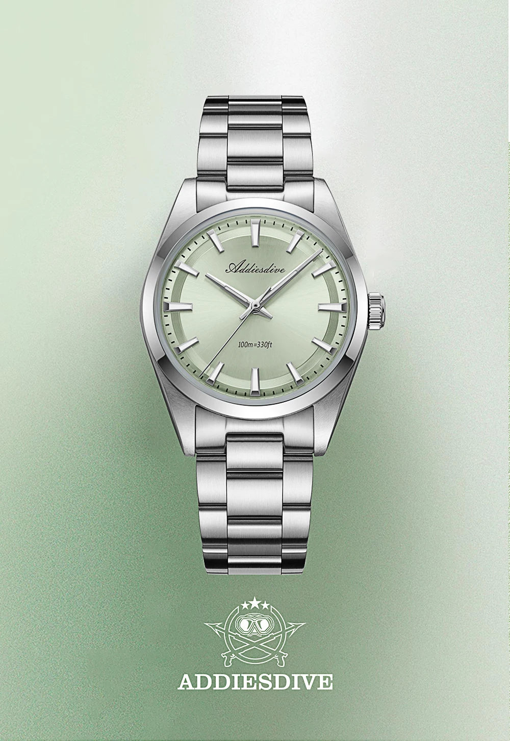 ADDIESDIVE Hot Sale AD2066 Mens Watch 36mm Bubble Mirror Glass Mint Green Quartz Watches Waterproof Luxury Stainless Steel Clock