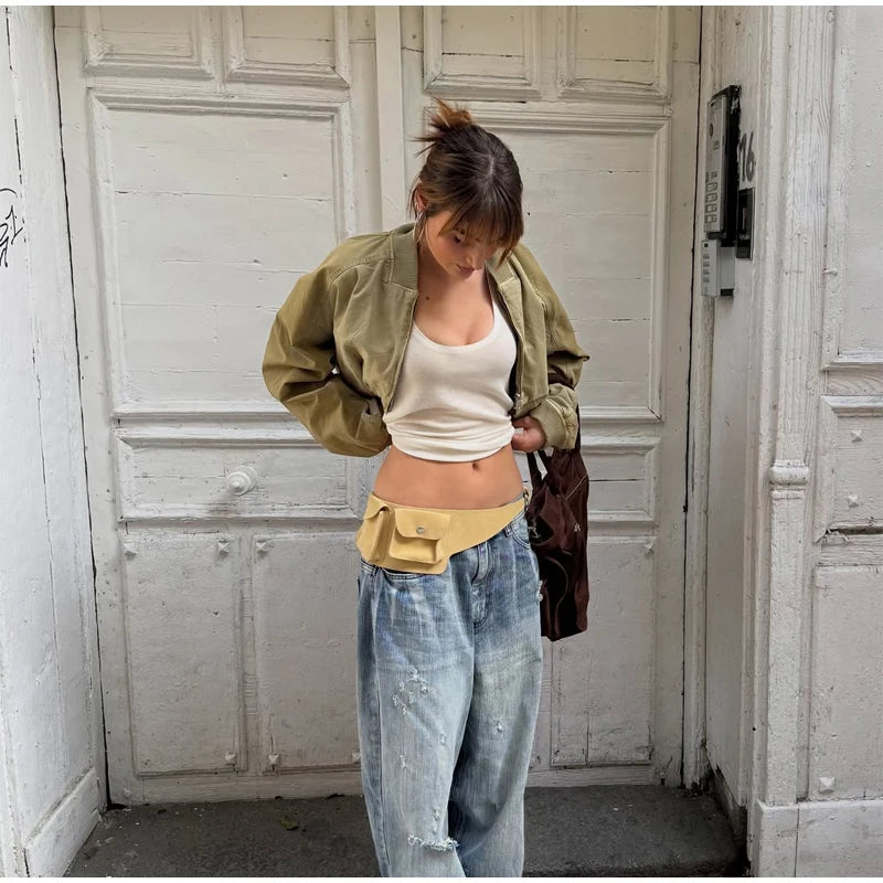 Women Khaki Cropped Bomber Jacket Chic Lapel Zipper Pocket Long Sleeve Short Coat Casual 2026 New Lady Street Daily Crop Outwear