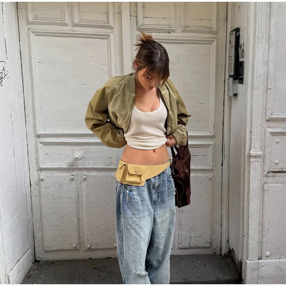 Women Khaki Cropped Bomber Jacket Chic Lapel Zipper Pocket Long Sleeve Short Coat Casual 2026 New Lady Street Daily Crop Outwear