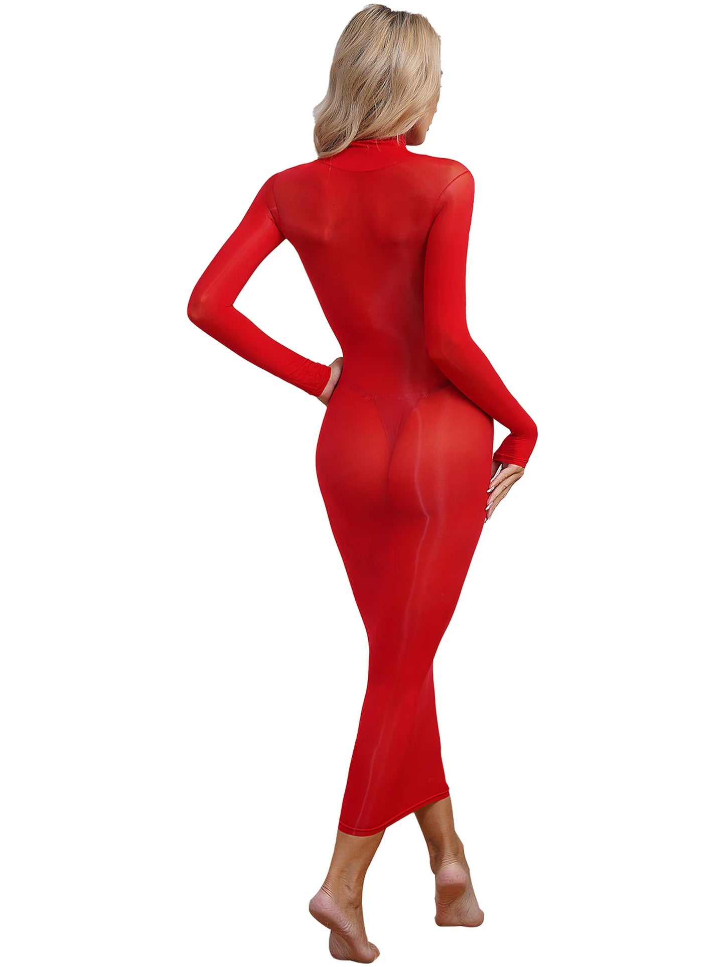 Womens See Though Bodycon Dress Sexy Lingerie Nightwear Long Sleeve Stretchy Glossy Dresses Tempting Party Pole Dancing Clubwear