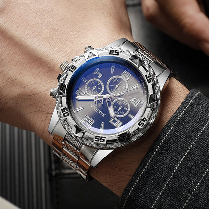 3PCS/Set Luxury Stainless Steel Band Men Business Watches Fashion Male's Quartz Watch Hip-hop Diamond Jewelry Set (Without Box）