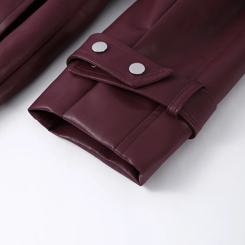 Street Pu Leather Women Long Coat Y2K Solid Belt Lapel Pocket Full Sleeve Female Jacket 2025 Autumn Winter Lady Outwear New