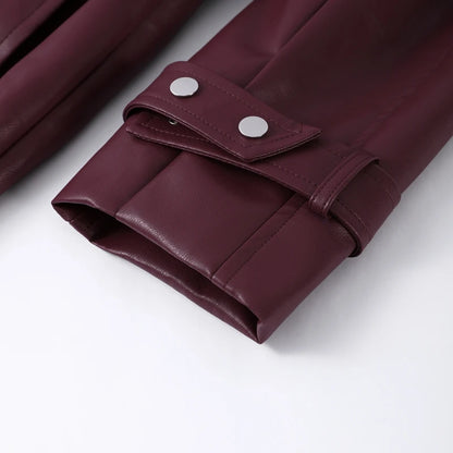 Street Pu Leather Women Long Coat Y2K Solid Belt Lapel Pocket Full Sleeve Female Jacket 2025 Autumn Winter Lady Outwear New