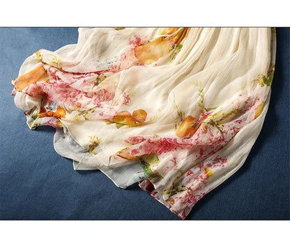 Limiguyue Summer Floral Print Silk Dresses Double Layers Ruffle Beaded Button A-Line Dress Elegant Chiffon Long Vestidos Z044