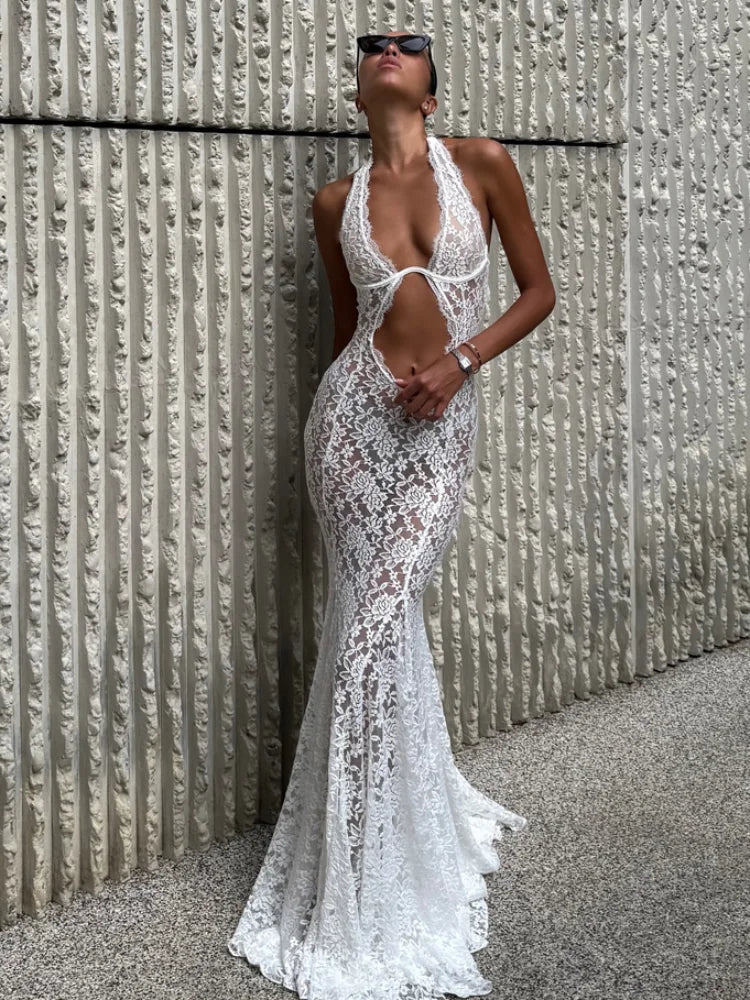 White Lace Hollow Out Halter Long Dress Women Sexy Sleeveless Off Shoulder Slim Maxi Dresses 2026 Lady Holiday Beach Vestidos