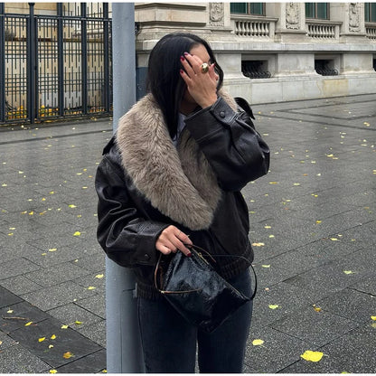 Brown Faux Fur Collar Leather Jacket Women Oversize Design Long Sleeve Coat 2025 Fashion Luxurious Versatile Bomber Outerwear