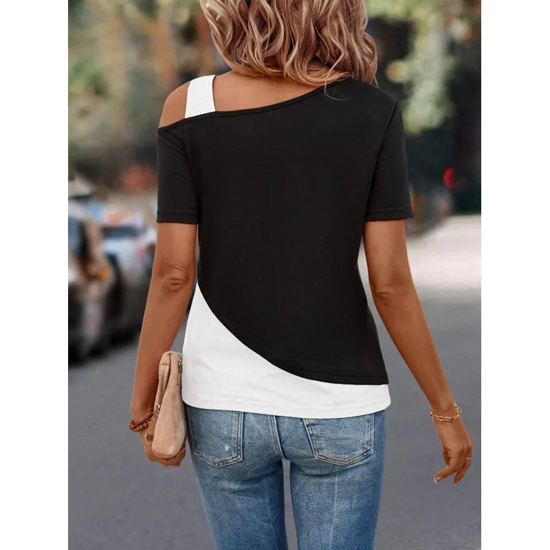Chic Color Blocking Short Sleeved Women Solid Color Off Shoulder Asymmetric T-Shirt Female Summer Casual Tops