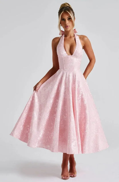 Solid Backless Lace Up A-line Dress Women Sleeveless Deep V-neck High Waist Pleated Midi Dresses Lady Evening Party Robes 2026