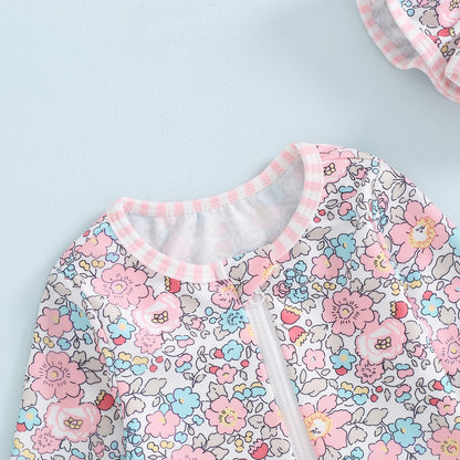 MISOWMNJOY Ruffle Floral Print Baby Girls Beachwear Summer Rash Guard Swimsuit Long Sleeve Bathing Suit Infant Swimwear with Hat
