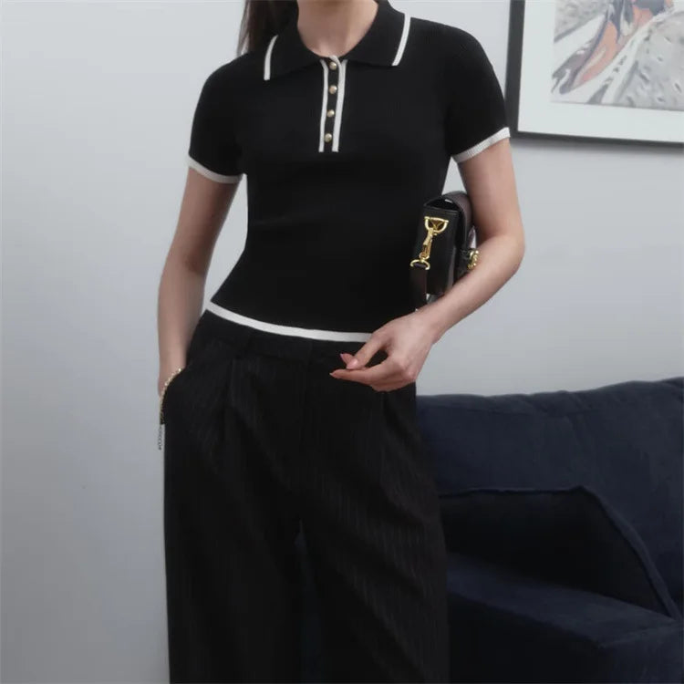 Tossy Knit Sweater Pullover Women Short Sleeve Patchwork Slim Lapel Elegant Contrast Knitwear Top Female Skinny Ribbed Pullover