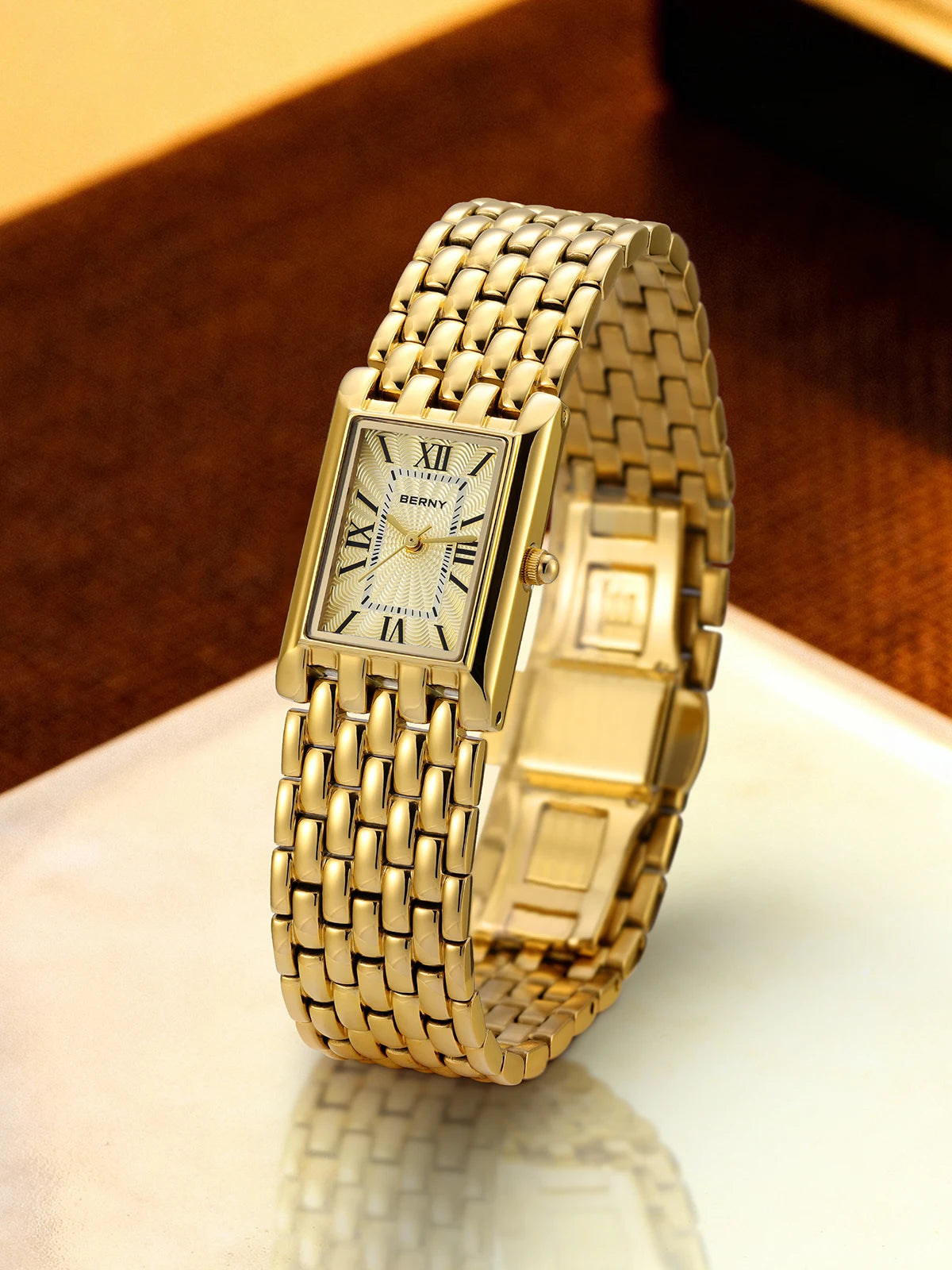 BERNY Luxury Women's Watches Fashion Ladies Square Casual Golden Quartz Watch Solid Stainless Steel Rectangle Girls Wristwatch