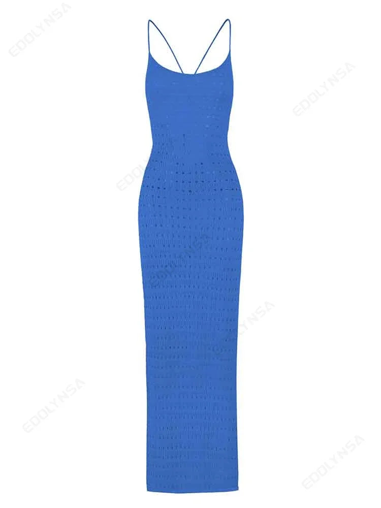Sexy Knit Cut Out Tassel Spaghetti Strap Bodycon Beach Maxi Dress Summer Women's Holiday Club Party Outfit Swimsuit Cover Up K10