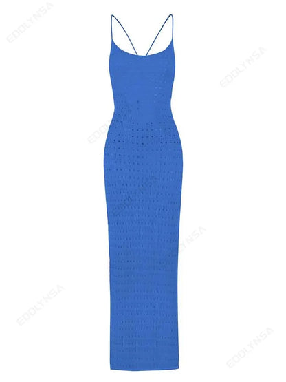 Sexy Knit Cut Out Tassel Spaghetti Strap Bodycon Beach Maxi Dress Summer Women's Holiday Club Party Outfit Swimsuit Cover Up K10