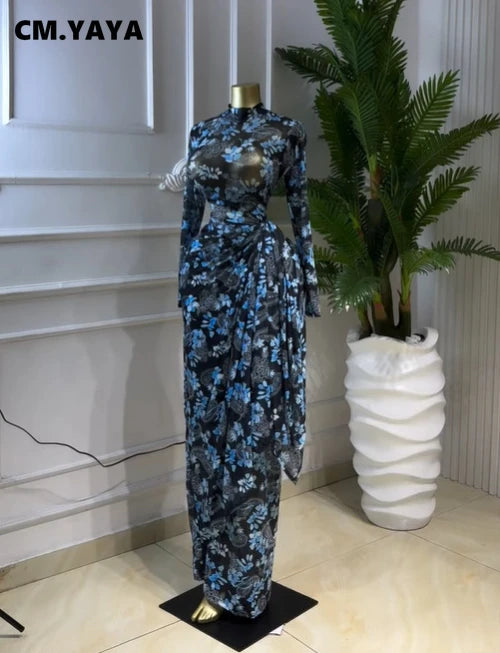 CM.YAYA Women Floral Print O-neck Ruched Bodycon Long Maxi Dress 2026 summer Evening Birthday Club Party Vestidos Sexy Dresses