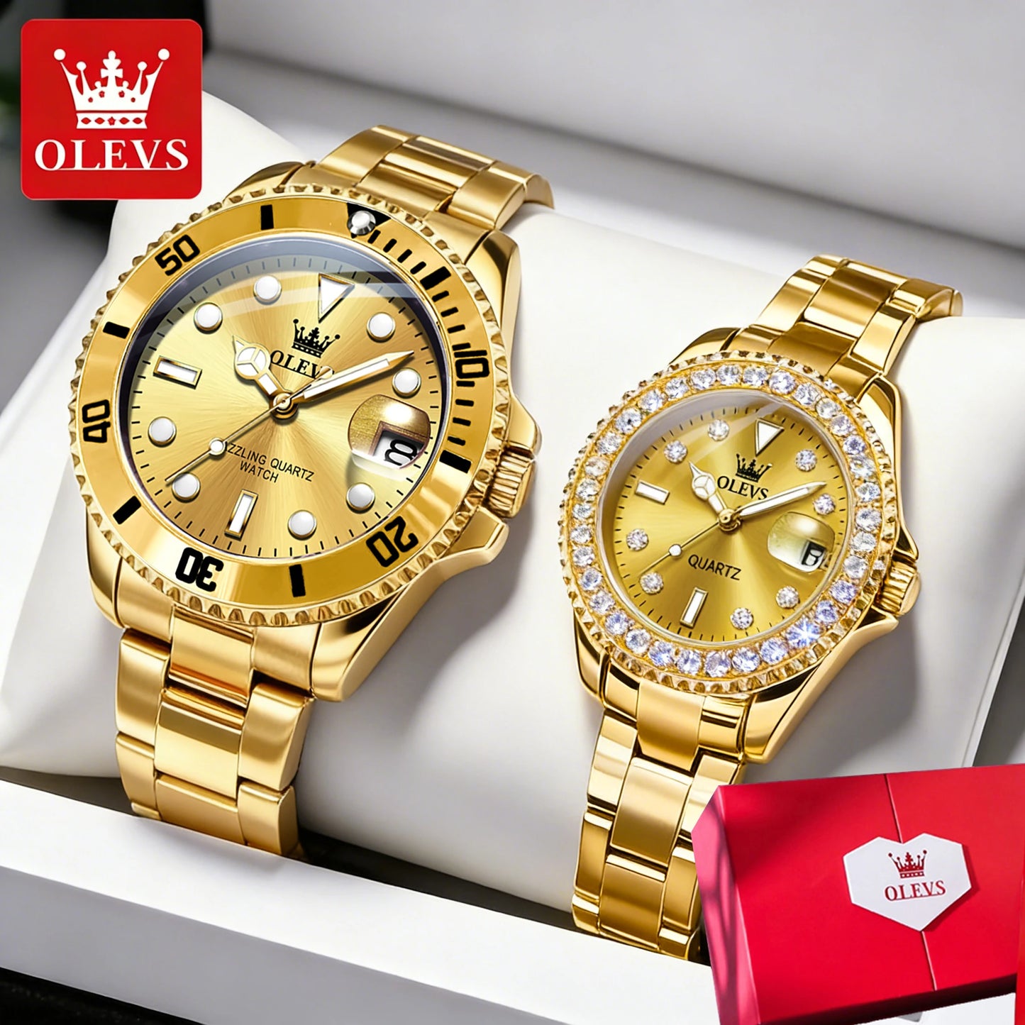 OLEVS Top Brand Couple Watches Trend Luxury Fine Steel Original Quartz Wristwatch for Lover Exquisite Gift Box Waterproof 2Pcs
