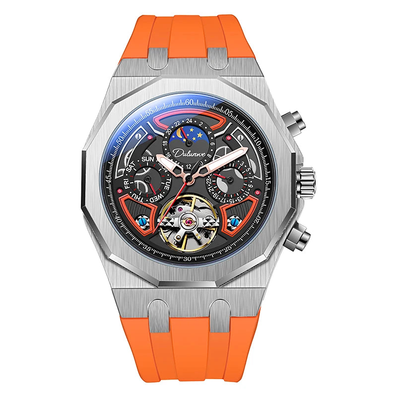 Luxury Tourbillon Watches Men Fashion Sport Rubber Strap Moon Phase Date Waterproof Automatic Mechanical Wrist Watch Man Reloj