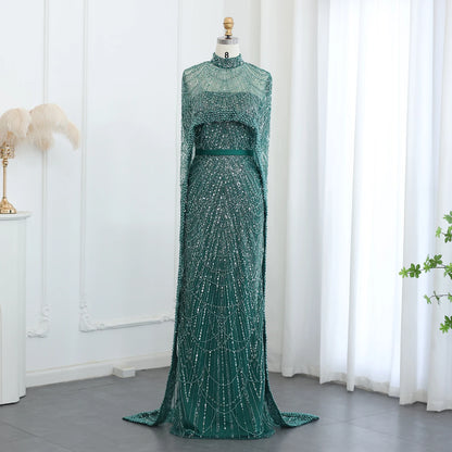 Sharon Said Luxury Pearls Dubai Champagne Evening Dresses with Cape New Arabic Women Mermaid Wedding Party Prom Dress SS369