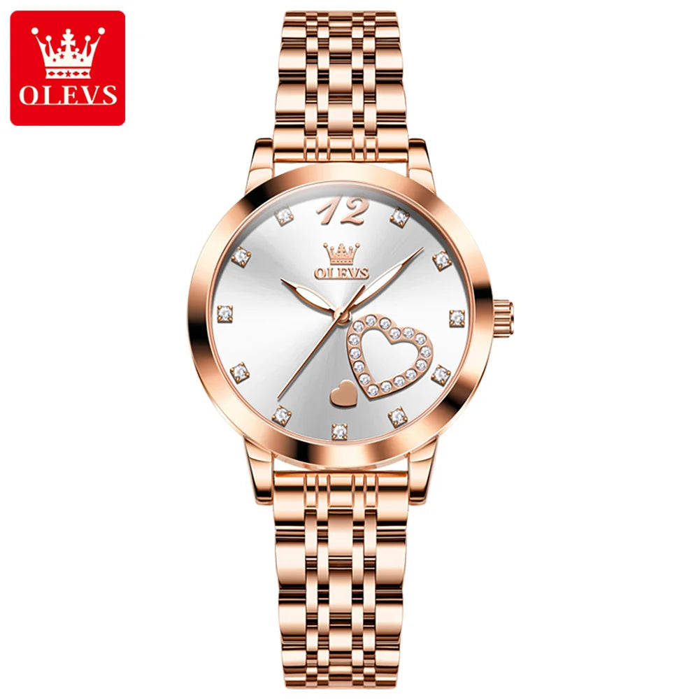 OLEVS 5189 Quartz Watch for Women Diamond Love Heart Design Fashion Elegant Rose Gold Mesh Steel Strap Waterproof Ladies Watches