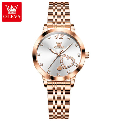 OLEVS 5189 Quartz Watch for Women Diamond Love Heart Design Fashion Elegant Rose Gold Mesh Steel Strap Waterproof Ladies Watches