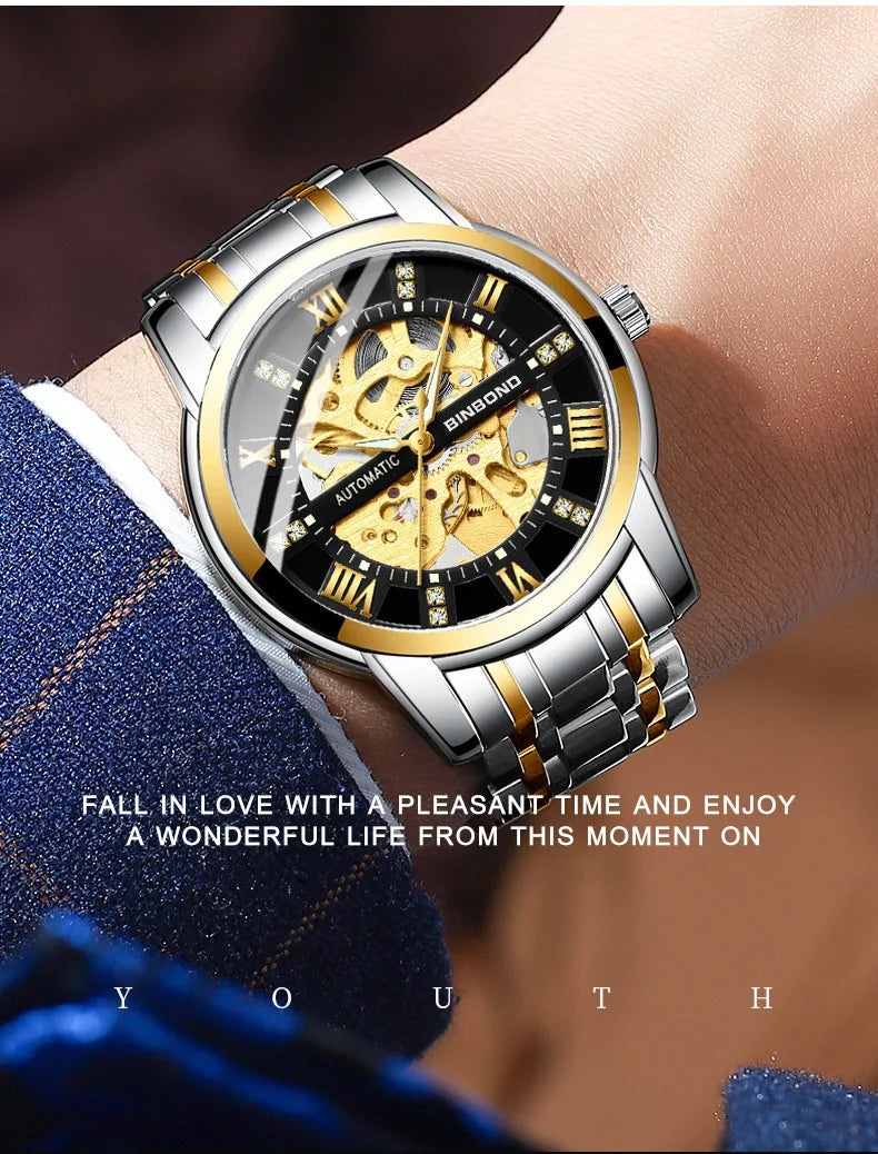 Bindond Mens Automatic Mechanical Watches Top Brand Luxury Stainless Steel Waterproof Hollow Male Wristwatches Relogio Masculino