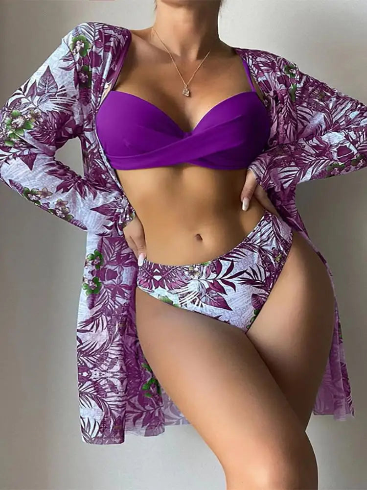 Three Pieces Bikini Set Beach Skirt Tunics For Beach Cover Up Swimsuit Women Ruffle Biquini Bathing Suit Summer Beach Wear