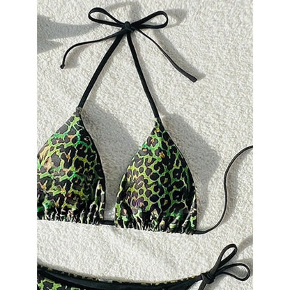 Sexy Leopard Print Two Piece Swimsuit Set Triangle Bra Suspender Halter Backless Bikini Set Beach Vacation Lace-up Swimwear 2025