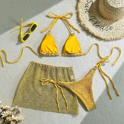 2025 New Halter Strappy Hollow Out Skirt Bikini Female Swimsuit Women Swimwear 3 pieces Bikini set Bather Bathing Suit S