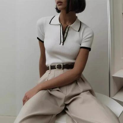 Tossy Knit Sweater Pullover Women Short Sleeve Patchwork Slim Lapel Elegant Contrast Knitwear Top Female Skinny Ribbed Pullover