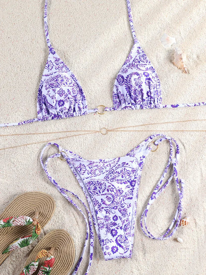 ZRTAK Micro Thongs Swimsuit Women Sexy Bikinis Bathing Suit Rings Biquini Bandage Beachwear Print Swimwear Sexy Bikini Sets