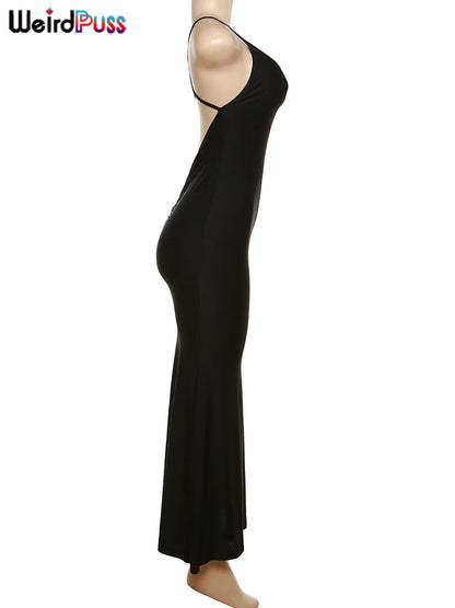 Weird Puss Sexy Backless Women Evening Maxi Dress Folds V-Neck Sleeveless Coquette Elegant Mermaid Matching Banquet Prom Bodycon