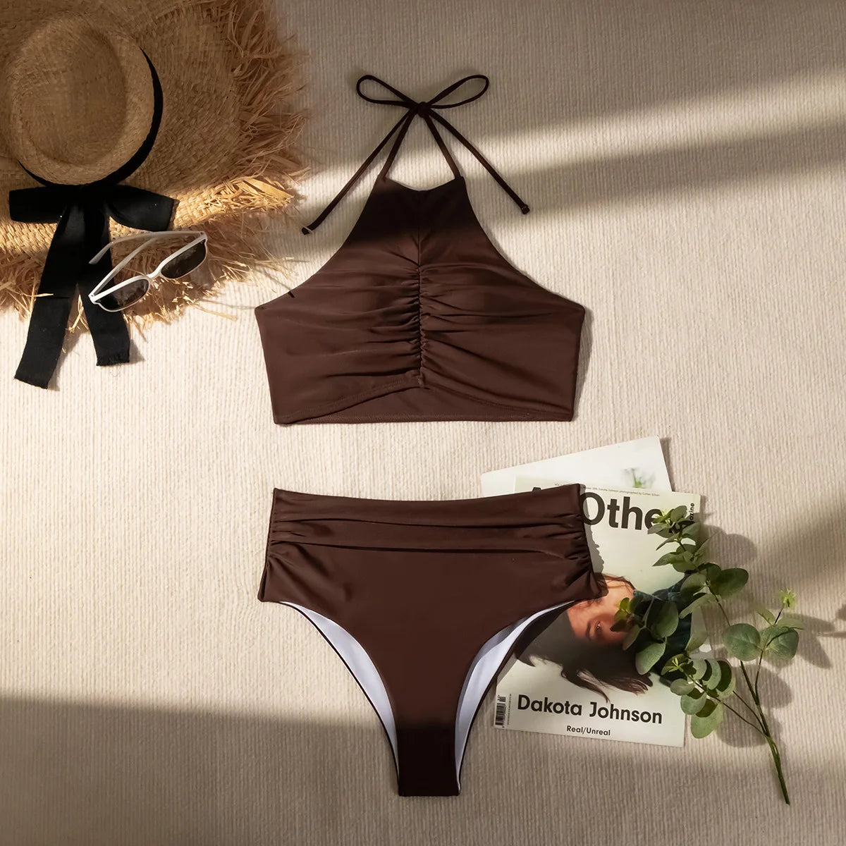Sexy Halter Pleate Bikini Set 2026 Women Coffee Push Up Crop Top with High Waist Swimsuit Summer Holiday Bathing Suit Swimwear