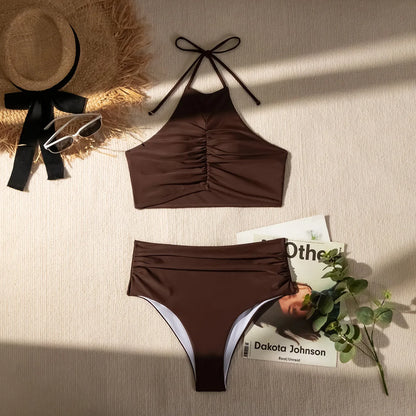 Sexy Halter Pleate Bikini Set 2026 Women Coffee Push Up Crop Top with High Waist Swimsuit Summer Holiday Bathing Suit Swimwear